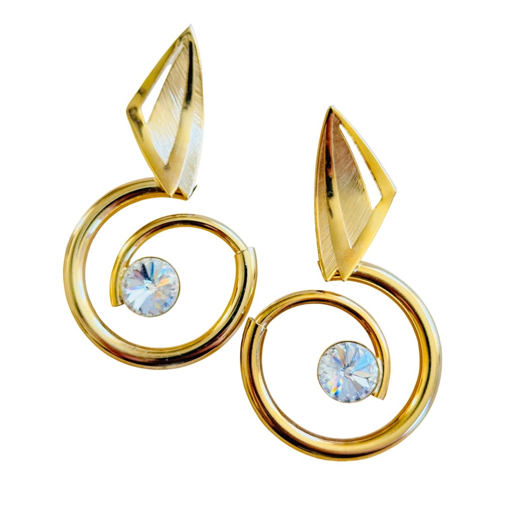 VTG 80s Over the Top Swirl Earrings Rivoli Crystal Pierced Statement Chunky 2.9"